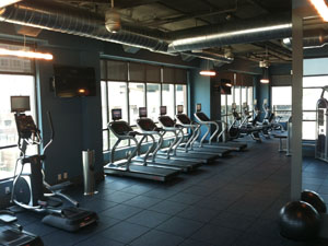Wide open gymnasium work out space with treadmills and tall windows