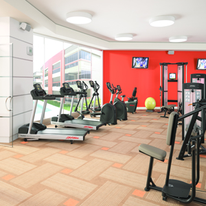 Residential Gym bright red wall with gym equipment