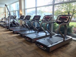 Cardio line of treadmills Pieces of cardio equipment against a wall of windows